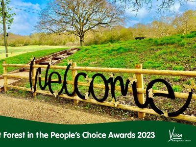 Hainault Forest Welcome Sign, Green Flag Award Logo, Text: Vote For Hainault Forest In The People's Choice Awards 2023